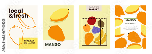 Fresh mango illustration. Simple posters with organic fruits for farmers market advertising. Vector templates with copyspace. Set of harvested tropical food in minimal hand drawn and flat style.