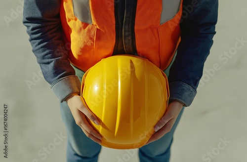 Worker stands outdoors wearing a safety vest and holding a yellow hard hat, ready for tasks ahead