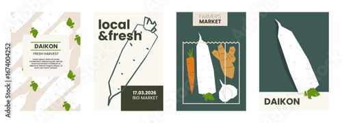 Fresh daikon illustration. Simple posters with root vegetable for farmers market advertising. Vector templates with copyspace. Set of harvested salad vegetables in minimal hand drawn and flat style.