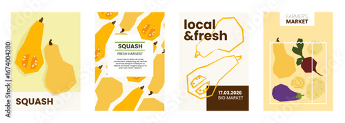 Fresh quash illustration. Simple posters with vegetables for farmers market advertising. Vector templates with copyspace. Set of harvested veggies in minimal hand drawn and flat style
