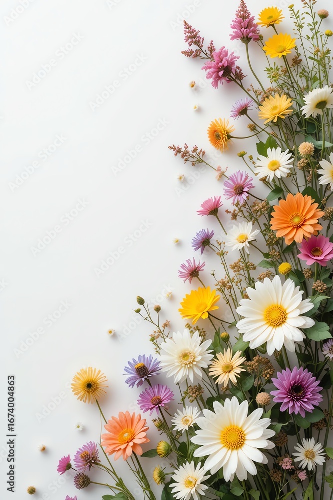 Fototapeta premium A vibrant arrangement of various colorful flowers on a bright background, showcasing nature's beauty and diversity.