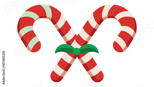 Two candy canes crossed with a green bow on a white background