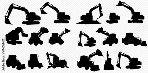 Collection of black excavator silhouettes in various positions against a transparent background.