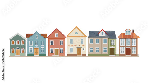 Colorful row of houses with varied windows and doors buildings architecture