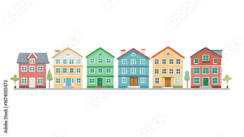 Colorful row of houses with trees buildings architecture
