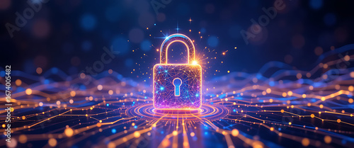 Abstract illustrated vector style cyber security protection system in Halloween theme shimmering particles glowing mate background, 3d golden purple and blue gradient glowing holographic bolt shape lo