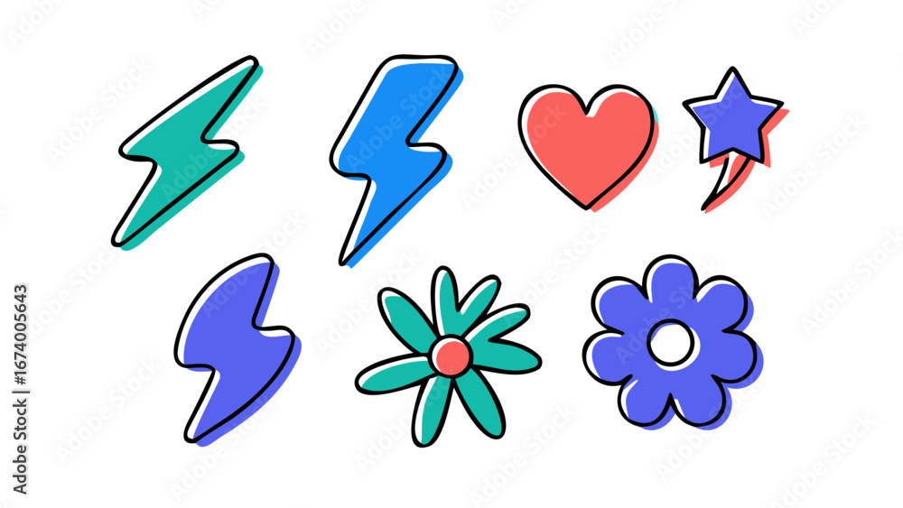 Fototapeta premium Colorful abstract shapes and symbols lightning bolt heart