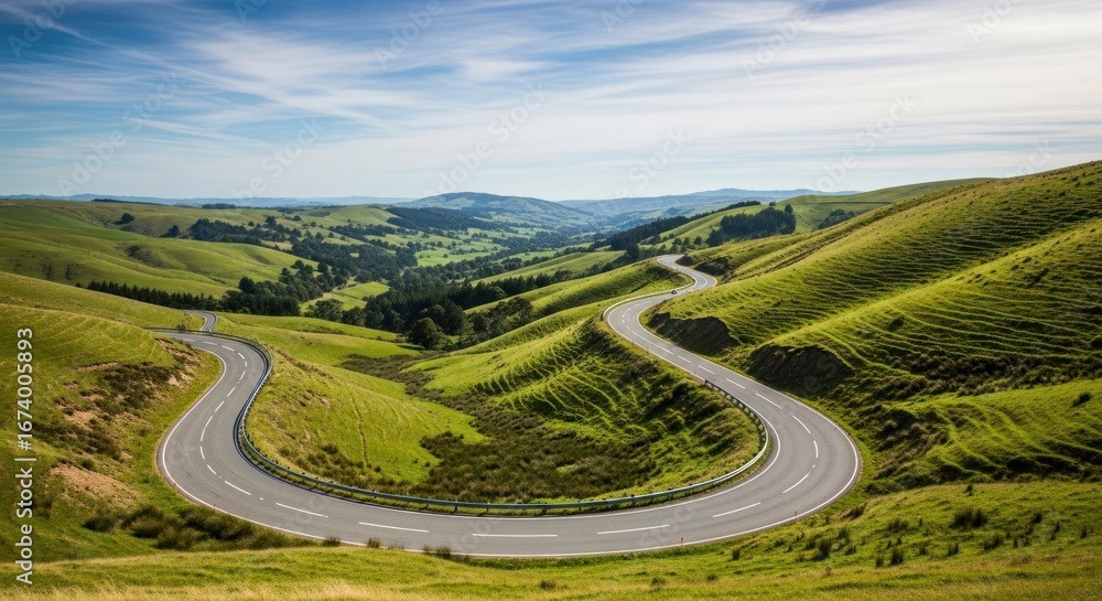 Fototapeta premium Winding road through green hills under a blue sky with whispy white clouds