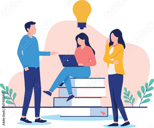 Research idea work - Team of three people researching and comping up with ideas together with big light bulb. Flat design vector illustration with white background