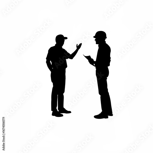 Inspector talking seriously with a restaurant manager about hygiene issues silhouette isolated on white background