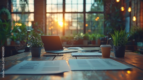 Desk with papers & a laptop under bright window light
