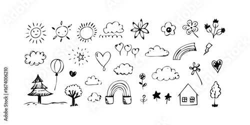 Hand drawn weather and nature elements clouds rainbow