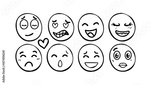 Hand drawn emoji faces with different expressions emotions happy