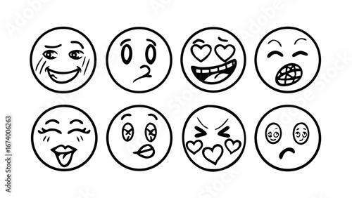 Hand drawn emoji faces with different expressions emotions