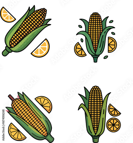 Set of fresh yellow corn cobs on green leaves vector illustration