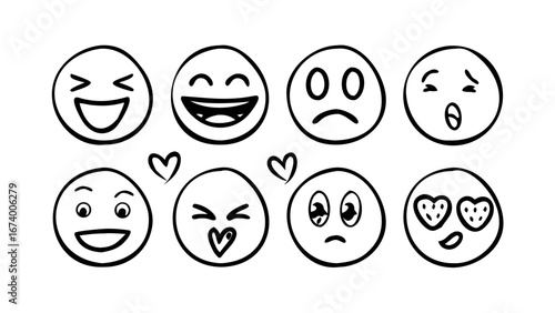 Hand drawn emoji faces with various expressions emotions happy