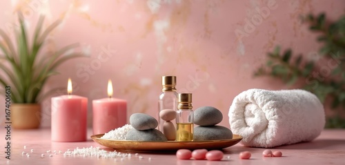Spa relaxation scene featuring pink candles, massage stones, essential oils, sea salt on pink table against gold marble wall. Includes rolled white towel, green plants, perfect for wellness, beauty