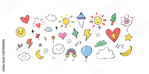 Playful doodle icons hearts sun rainbow clouds stars banana vector