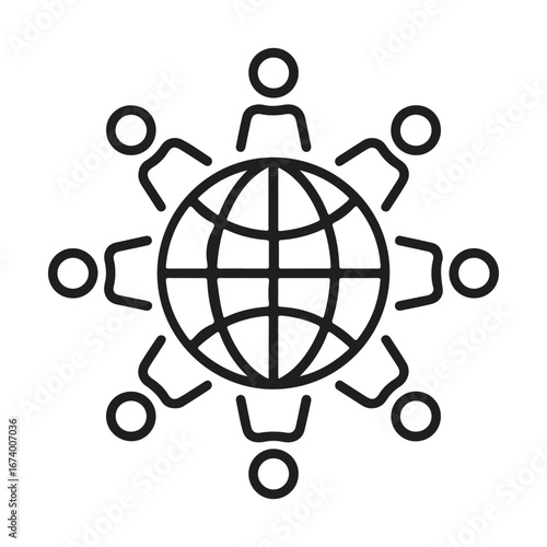Global meeting icon with people around a world map, symbolizing international cooperation and business, isolated on white background