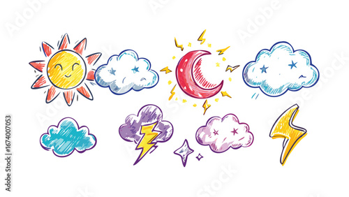 Hand drawn weather icons with sun moon clouds and lightning vector