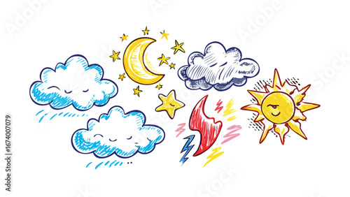 Cartoon weather icons sun moon clouds lightning vector