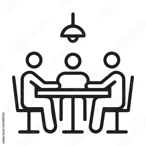 Three people sitting around a table, engaged in a meeting or discussion, isolated on white background