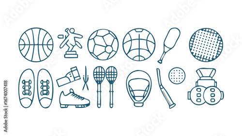 Sports equipment icons in teal outline basketball soccer ball