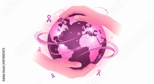 Conceptual illustration for Breast cancer awareness month showing caring hands protecting a pink globe with swirling ribbons