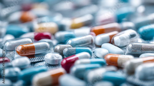 A close up shot of various colorful pills and capsules scattered across a reflective surface