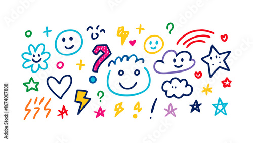 Colorful doodle icons with happy faces and stars clouds