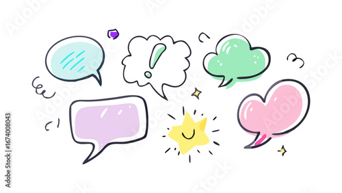 Colorful hand drawn speech bubbles and star communication dialogue