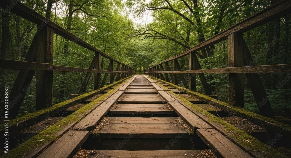 Fototapeta premium Wooden bridge stretching into a forest, leading into a depth of green