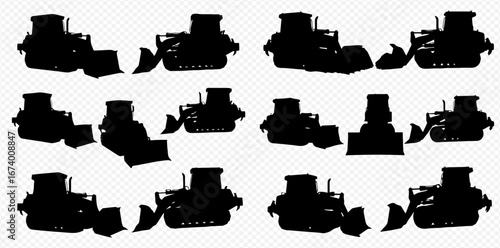A collection of bulldozer silhouettes in various orientations, arranged in a grid pattern on a transparent background.