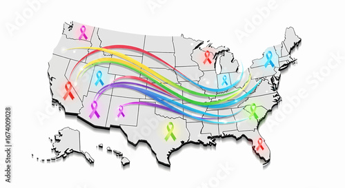Breast cancer awareness and support for all illnesses shown with colorful ribbons uniting across a map of the United States