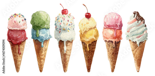 Colorful Ice Cream Cones on Transparent Background