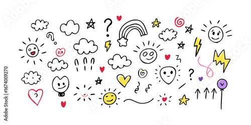 Doodle Collection Hearts Stars Smiley Lightning Swirls vector