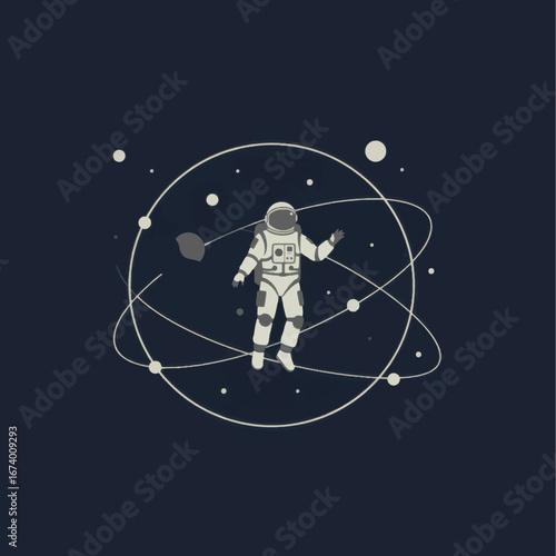 Fotografia Astronaut floating in space with atom model stylized vector illustration