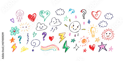 Colorful hand drawn doodles collection hearts stars