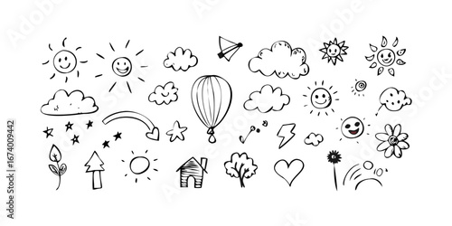 Whimsical Doodle Elements With Happy Face And Hot Air Balloon illustration hand drawn