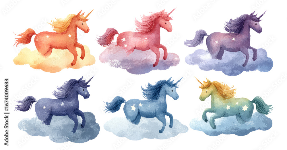 Obraz premium Colorful Unicorns Running on Clouds Isolated Background