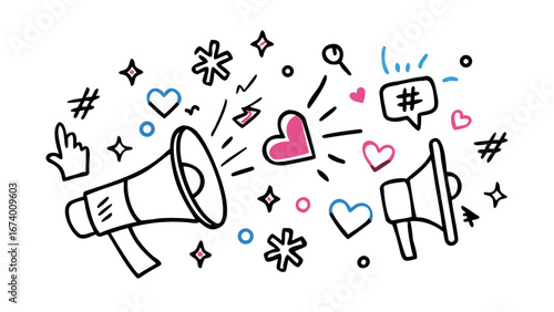 Pink and blue hearts and doodles with transparent background social media icons