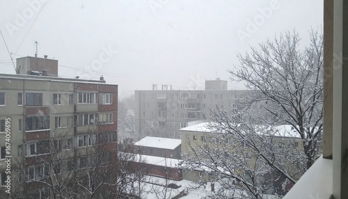 Winter cityscape view from a window