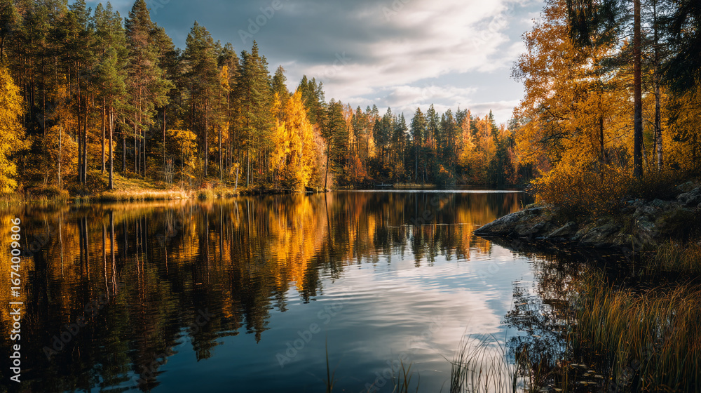 Obraz premium A scenic view of a calm lake reflecting the autumn foliage and sky in a forested landscape