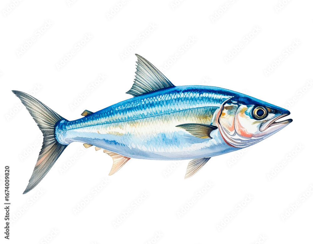 Fototapeta premium Carefully drawn illustration of bluefish. Charming. Delicious. Hand-drawn style. Brush. Seafood. Freshness. Fresh. Market. DHA, EPA. Health. Diet.