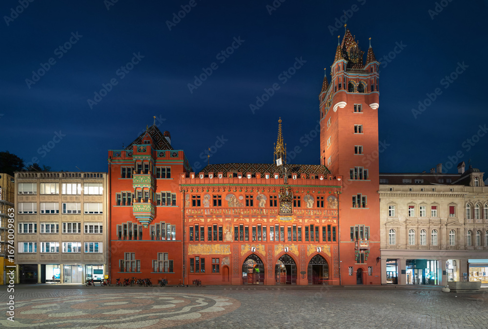 Naklejka premium Basel, Switzerland. View of 500-year-old red building of Basel Town Hall
