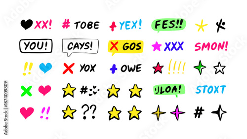Colorful handwritten text and symbols collection exclamation marks