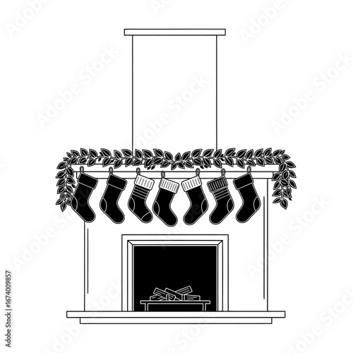 Festive Fireplace with Christmas Stockings and Garland Decoration