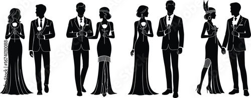 Vintage elegant couples in formal attire, romantic 1920s Gatsby style silhouettes with roses, ballroom dancing, love and celebration vector illustration art