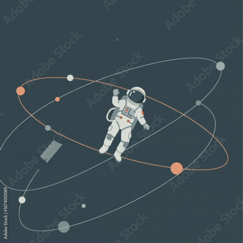 Floating Astronaut Amidst Orbital Rings and Scattered Debris in Deep Space