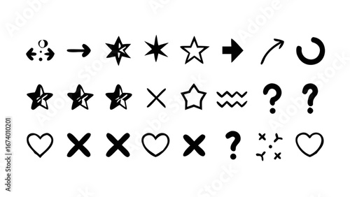 Playful hand drawn icons hearts stars question marks and arrows icon set